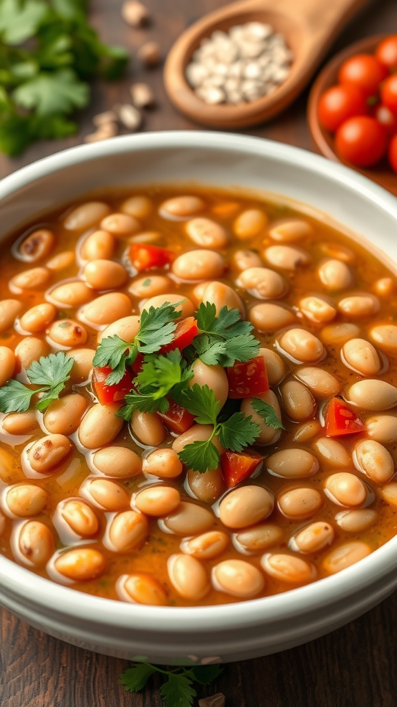 A bowl of flavorful pinto beans garnished with cilantro and tomatoes, served with rustic wooden utensils.